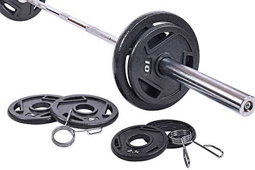 Signature Fitness Cast Iron Olympic 2-Inch Weight Plates Including 7FT Olympic Barbell, 130-Pound Set (85 Pounds Plates + 45 Pounds Barbell), Multiple Packages, Style #3
