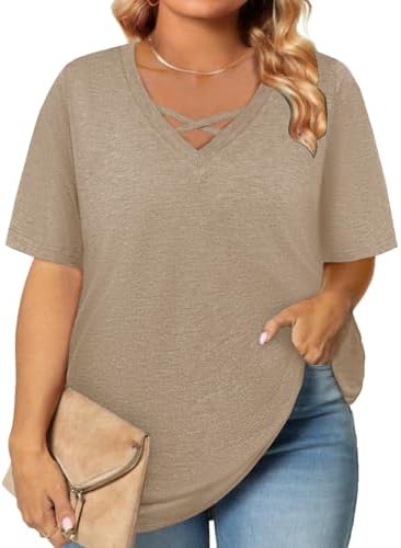 Plus Size Tops for Women Summer Trendy Criss Cross Shirts Oversized Casual Loose Fit Tunic Tops L-4XL