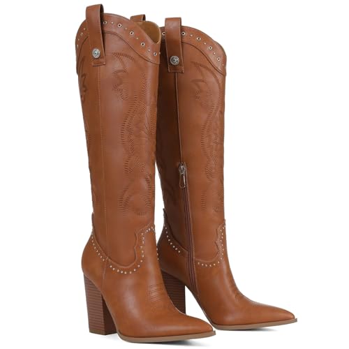 Image of VOMIRA Knee High Cowboy Boots for Women Pointed Toe Chunky High Heels Pull-on Embroidered Boots Western Boots Wide Calf Cowgirl Boots