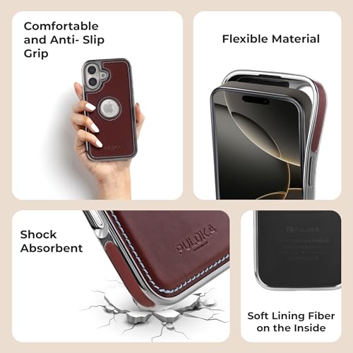 Image of PULOKA Chrome Leather Back Case - Compatible with iPhone 16 - Luxury Bumper Case - Flexible Vegan Leather - Electroplated Sides & Logocut - Full Camera Protetection & Raised Edges - Brown
