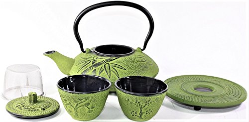 Japanese Antique Green Pine Plum Bamboo Cast Iron Teapot Tetsubin with Infuser Tea