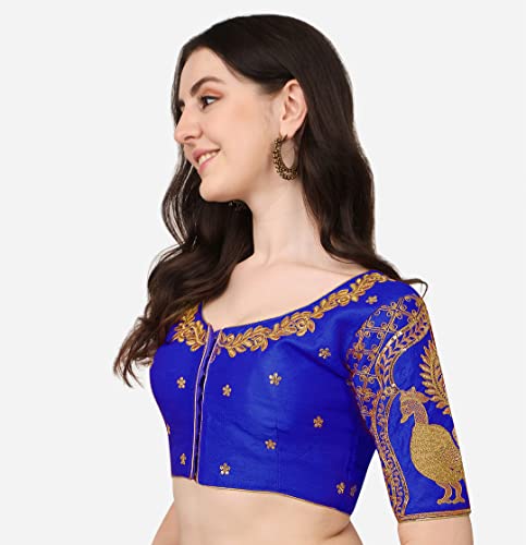 Image of Pujia Mills Women's Phantom Silk Embroidery Handwork & Sequin Work Peacock Design Half Sleeve Readymade Blouse (Mor Blouse Gold 38 Size+Margin)