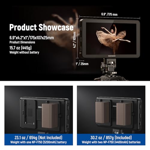 NEEWER F700 7" Camera Field Monitor, 2000nit HD 1920x1080 IPS Touch Screen with 3D LUT, 4K HDMI Loop in/Out with Peak Focus DSLR Video Assist HDR Waveform, Cold Shoe Mount, 2 NP-F750 Batteries & Cable