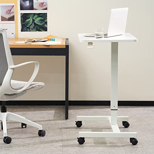 Image of CLATINA Mobile Standing Desk Adjustable Height, Portable Rolling Table on Lockable Wheels for Home Office Computer Workstation 28 inch x 19 inch Round Edge Design Elegant (White)