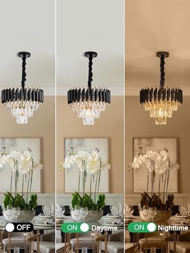 Image of Luxurious 400mm Black Gold Modern Chandelier with K9 Crystals | Warm White, Moonlight & Golden Light | Ceiling Hanging Light for Living Room, Dining Room, Bedroom, Hallway