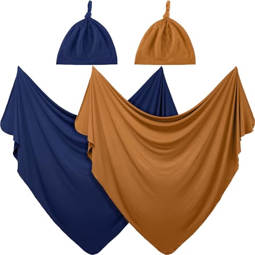 Image of JaGely 2 Pcs Stretchy Baby Swaddle Blankets Set Extra Soft 47" x 47" Baby Newborn Swaddle Blanket and Hat(Navy Blue, Claybank)