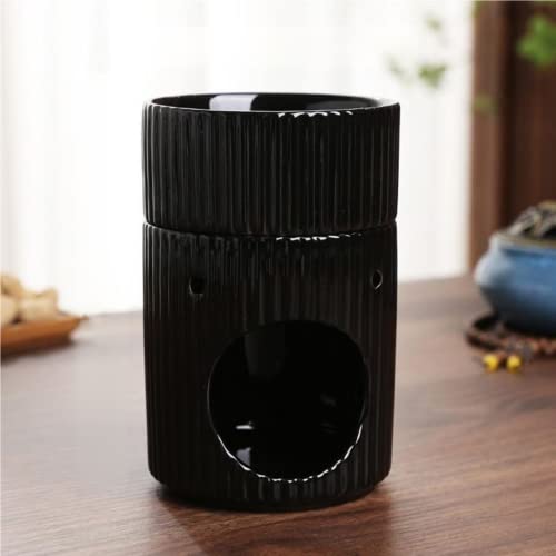 Warmself Stylish Stripe Design Ceramic Tealight Candle Holder Oil Burner, Essential Oil Incense Aroma Diffuser Furnace Home Decoration Romantic Black