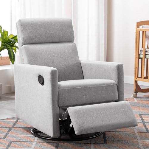 Image of Miscoos Cozy Modern Upholstered Rocker Nursery Chair - Plush Seating Glider Swivel Recliner, Comfortable for Nursing and Relaxation, Grey- Ideal for New Parents