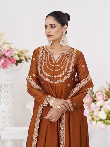 Image of MOKOSH Women's Silk Embroidery Anarkali Kurta Pant with Dupatta | Women's Anarkali Kurta Set | 3 Piece Ethnic Outfit with Dupatta | Round Neck Full Sleeve