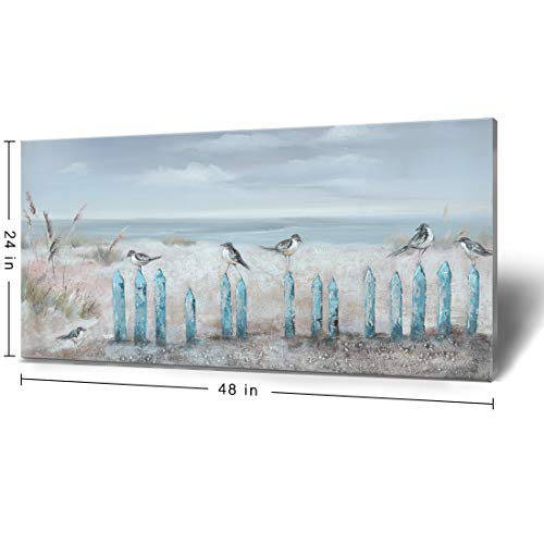 Image of Ejart Large Ocean Beach Wall Art 3D Framed Hand-Painted Seascape Oil Painting Perching Bird Canvas Artwork 'The Tranquility by The Sea Shore' for Living Room Bedroom Decor Coastal Blue 48x24inch