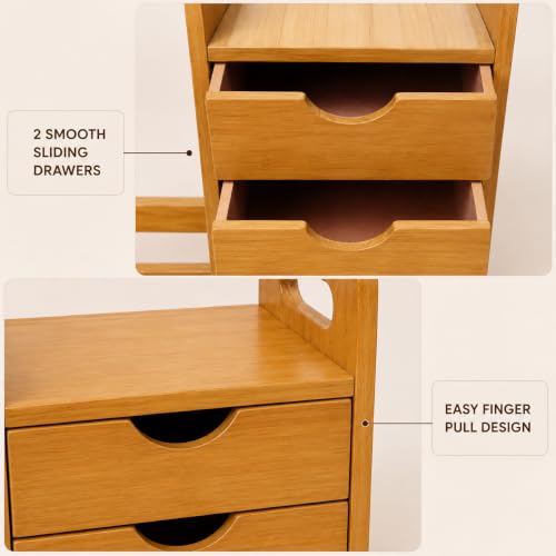 Image of Expandable Wooden Desk Organizer with 2 Drawers Adjustable Desktop Bookshelf Office Desk Storage Rack Study Table File Holder Stationery Organizer Engineered Wood Brown