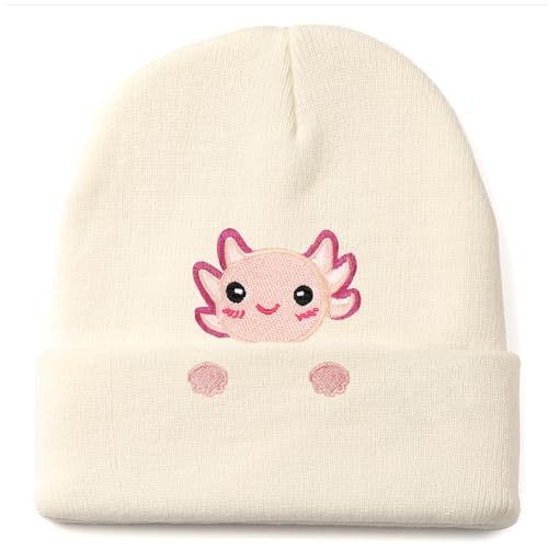 Axolotl Gifts Beanie Hat for Women Men Axolotl Lovers Funny Embroidered Birthday Christmas Stocking Cute Knit Gifts Stuff Decor Costume Accessories White