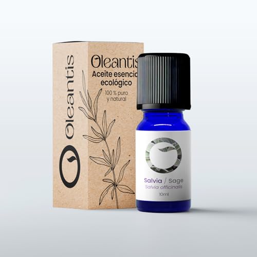 Oleantis Aceite Esencial de Salvia Ecológico, 10ml, Certificado CAAE, Aceite Puro BIO Natural para Aromaterapia y Cuidado Personal. Equilibrante hormonal, Antiséptico, Antiviral, Antimicótico.