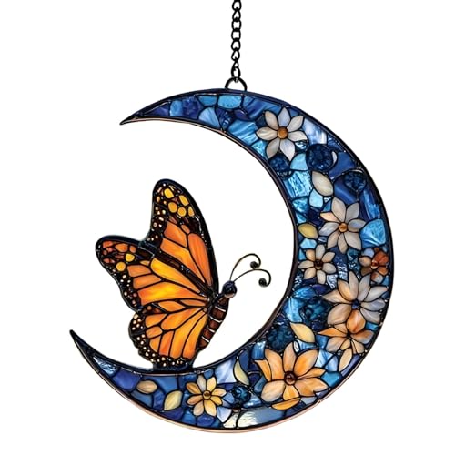 Hogvinnatil Attrape-soleil papillon monarque, attrape-soleil lune, papillon monarque et fenêtre de lune de fleurs, décoration acrylique, artisanat pour l'intérieur et l'extérieur