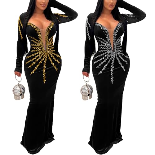 Image of Jigfar Women's Sexy Elegant Rhinestone Embellished Velvet Party Club Night Bodycon Formal Evening Maxi Dress
