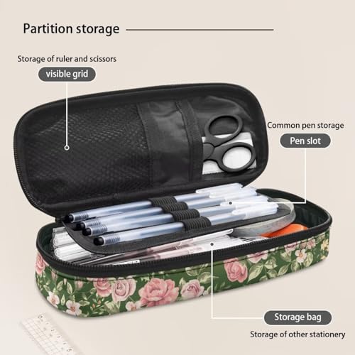 Image of Hummingbird Rose Flower Pencil Pouch Organizer, Multi-Slot Pen Case Pencil Holder Makeup Bag Spacious Pencil Box Holder with Zipper