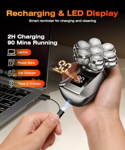 Image of 7D Head Shavers for Bald Men, Waterproof Wet or Dry Electric Razor for Men, 5-in-1 Detachable Head Shaver, Grooming Kit, LED Display /Type-C Charge, Travel-Friendly-Steel Gray