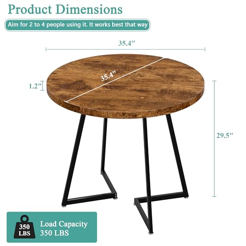 Image of VECELO 35 inch Round Dining Table for 4, Wood-Grain Tabletop & Heavy-Duty Steel Frame, for Kitchen, Living Room, Easy Assembly, Antique Brown