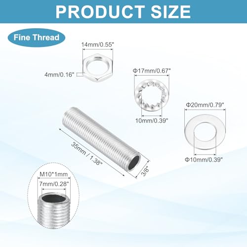 Image of MECCANIXITY 35Pcs 1.4 inch Lamp Pipe Nipples Kit with Hex Nuts Washers, M10 Fine Threaded Hollow Tube Repair Hardware Fasteners Assortment for Assembly Chandelier Ceiling Lamp DIY, Silver