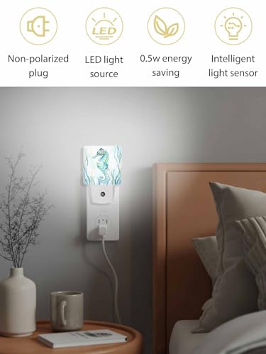 Image of Green Coastal Night Light Plug in LED Teal Coral Seahorse Ocean Marin Life Automatic Sensor Night Lamps Square Night-Light Plug into Wall for Bedroom Bathroom Kitchen Hallway Decor