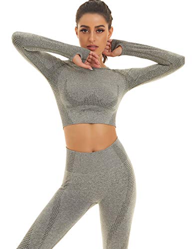 Toplook Women Seamless Workout Outfits Athletic Set Leggings + Long Sleeve Top (Green Gray, Small)