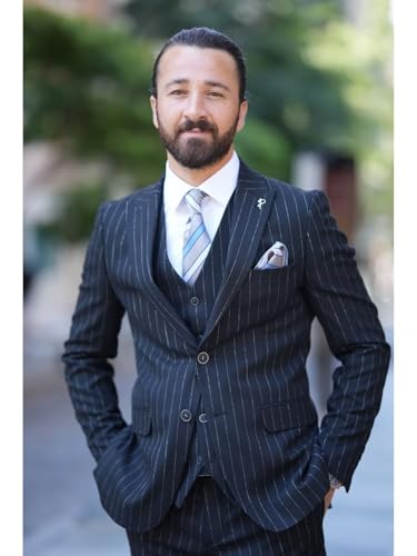 Men's Pinstripe Suit 3 Piece Classic Fit Slim Fit Suit Tuxedo Jacket Vest Pants Casual Suit for Business Wedding Suit3