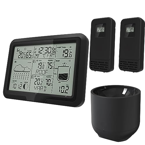 Miraval Design Funk-Wetterstation mit 2 benennbaren Sensoren + Regenmesser Mondphasenanzeige Luftfeuchtigkeit Temperaturanzeige Alarm (Schwarz) Miraval Design Funk-Wetterstation mit 2 benennbaren Sensoren + Regenmesser Mondphasenanzeige Luftfeuchtigkeit Temperaturanzeige Alarm (Schwarz)