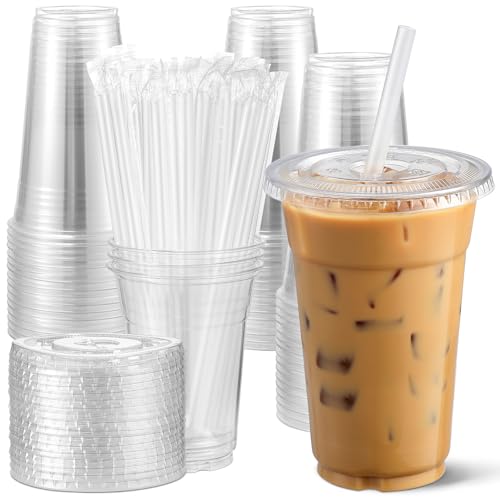 AOZITA [100 Sets 12 oz Clear Plastic Cups With Lids and Straws Disposable Cups With Lids for Iced Coffee Smoothie Milkshake and Cold Drinks.