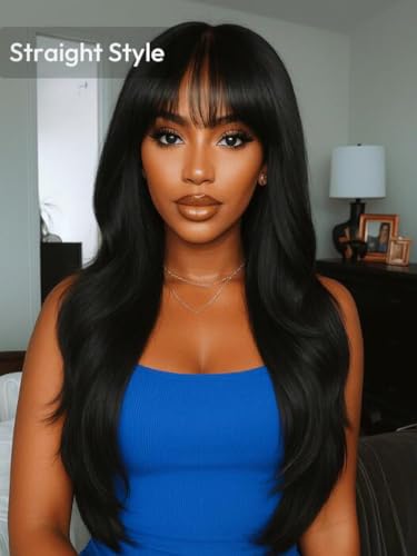 Image of UNICE 26 inch Fluffy Natural Loose Wave Curtain Bangs Wig Human Hair Pre Everything 13x4 Lace Front Glueless Wigs Human Hair Pre Plucked Pre Cut Bleached Knots Black Color