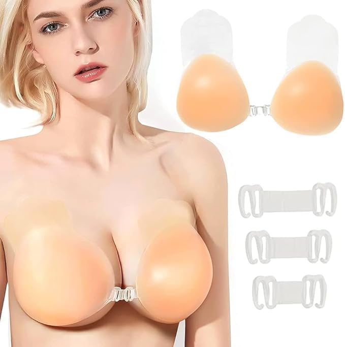 shopecom Silicone Nipple Cover Triangle Women's Adhesive Invisible Strapless Bra, Silicone Backless Push Up Sticky Bra Sticky Reusable Stick On Nipple Covers Bra Free Size (Pack of 1) Beige-picture-29