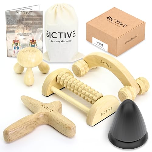 BICTIVE Kit de Masaje Corporal 5 en 1, Masajeador Madera, Reflexología Podal, Rodillo Fascitis Plantar, Masaje Pies, Celulitis, Masajeador Manual, Masajeador de Pies y Piernas Rodillo Masaje Muscular
