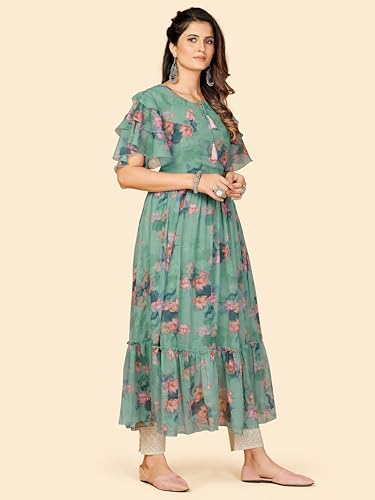 Image of Vbuyz Women's Printed & Hand Work Straight Cotton Blend Parrot Green Kurta,Pant with Dupatta | Kurta Set with Dupatta for Women | Suit Set | Ethnic Set | Printed Kurta Set | Salwar Set for Women