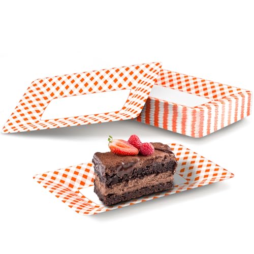 DYLIVeS Orange and White Buffalo Plaid Plates, 9.1 x 5.7 Inch Orange Checkered Disposable Paper Food Trays for Dessert Appetizers Snack Hotdog Rectangular Platters for Picnic, Easter Party, 50 Pcs