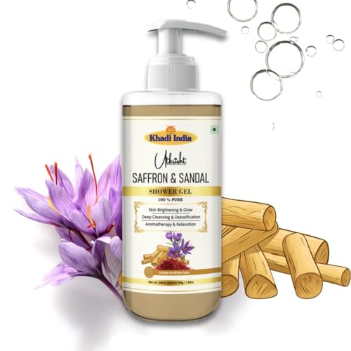 Image of Khadi Saffron & Sandalwood Body Wash Gel 300 ml | Brightening, Hydrating & Soothing | Antioxidant Rich, Anti Aging | Woody Aroma | Body Wash Shower Gel For Women & Men | All Skin Types