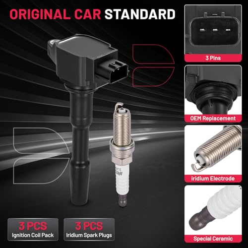 Image of BDFHYK 3 Ignition Coil Pack UF808 and 3 Iridium Spark Plug 91121 Compatible with Smart Fortwo 2016-2017 0.9L l3 Coil for C987 2819060000