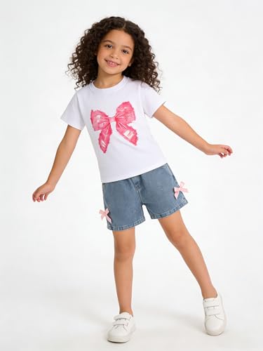 Image of Kids Toddler Girls Summer Clothes Leopard Butterfly Print T-Shirt + Belted Denim Jeans Shorts 3PCS Outfits