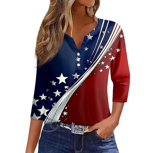 Image of 4th of July Shirts Women 3 /4 Length Sleeve Womens Tops Henley Neck Casual Patriotic T Shirts
