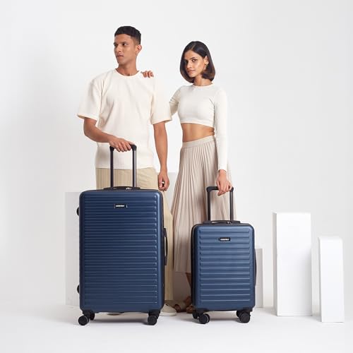 Image of Assembly Trolley Bags Set of 2- Cabin Small + Check-in Large with Laptop Pocket & 8 Spinner Wheels, Polycarbonate Hard Shell Trolley Bag Set for Business Travel & Vacations, Blue, 20+28 Inch