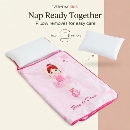 Image of EVERYDAY KIDS Toddler Nap Mat with Removable Pillow -Born to Dance Ballerina- Carry Handle with Straps Closure, Rollup Design, Soft Microfiber for Preschool, Daycare, Sleeping Bag - Ages 2-6 Years