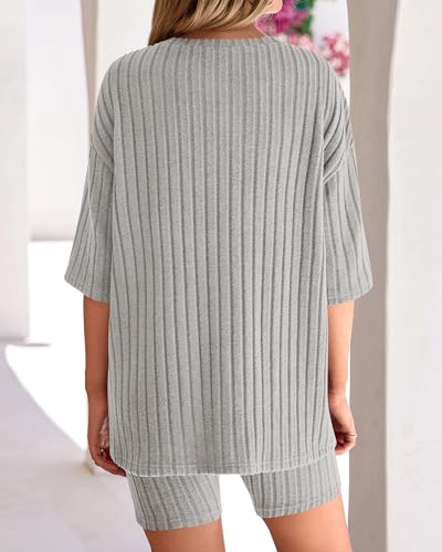 Image of KIRUNDO Short Sets For Women Summer 2 Piece Matching Lounge Sets Casual Rib Knit Tshirts Biker Shorts Beach Vacation Outfits