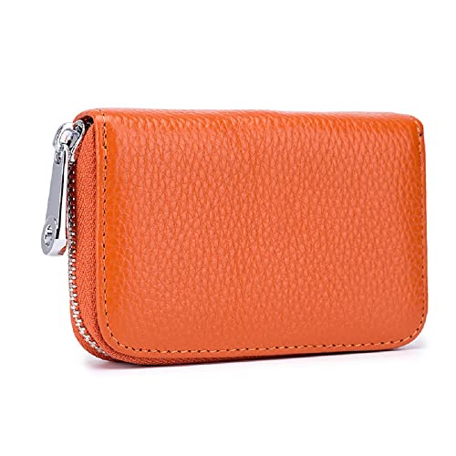 JIUFENG Card Wallet RFID Blocking Genuine Leather Multipurpose Zipper Card Holder Coins Pouches Unisex (Orange)