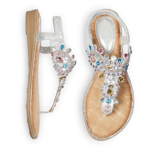 Image of iCKER Women Flat Thong Sandals Rhinestone Sparkly Boho Elastic Ankle Strap | Non‑slip,Matches Summer Dresses,for Vacation,Wedding,Evening and Festival