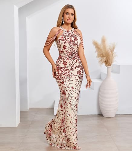 Image of Cololura Women Sexy Elegant Sequin Tassel Off Shoulder Halter Bodycon Maxi Dress Party Evening Gown Formal Dress
