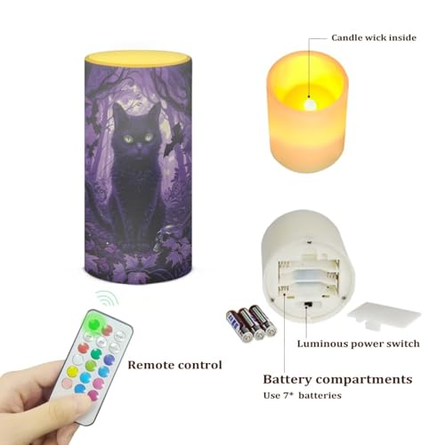 Image of Poceacles Black Cat Bat Violet Forest Flameless Light Candles Battery Operated Candles with Color Changing Timer Remote Control Tealights for Home Halloween Party Decor