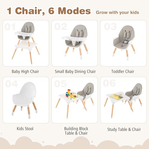 Image of BABY JOY 6 in 1 High Chair, Convertible High Chairs for Babies and Toddlers /Booster Seat /Table and Chair Set, Infant Wooden Highchair w / 5-Point Harness, 4-Position Removable Tray & PU Cushion (Gray)
