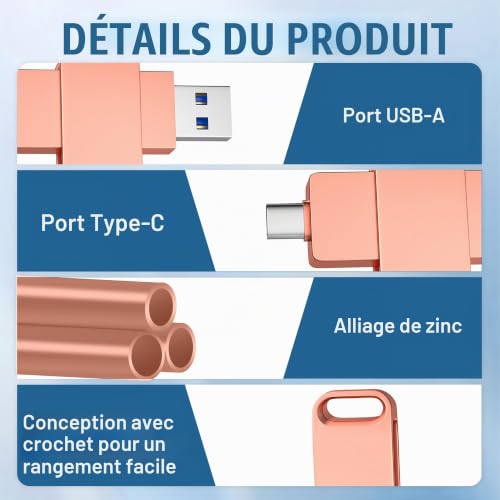 Clé USB 128 Go USB-C & USB-A, Transfert 200 MB/s, Stockage Téléphone Portable, Boîtier Aluminium, Compatible avec iPhone USB-C, Android, PC et MacBook, Plug & Play, Or Rose – vue 3