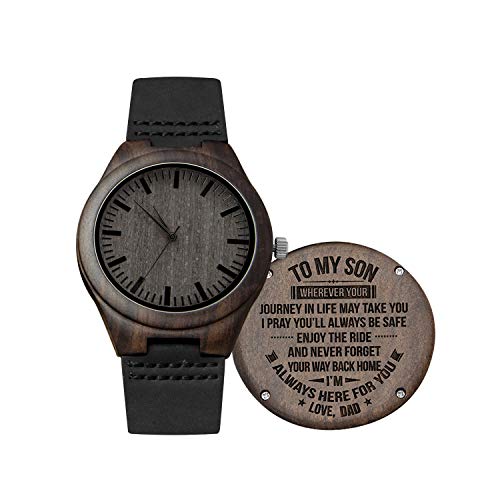 Engraved Custom Men Wood Watch,Analog Quartz Black Leather Handmade Sandalwood Natural Custom Wood Watch for Son Husband Anniversary Christmas Gifts (for Son from Dad)