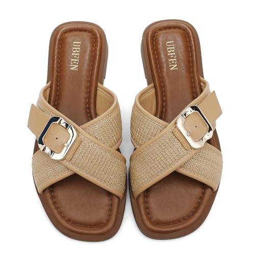 Image of UBFEN Womens Square Toe Flat Sandals Slides Dressy Comfortable for Beach