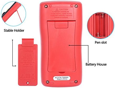 شاته view of the multimeter showing battery compartment and stand