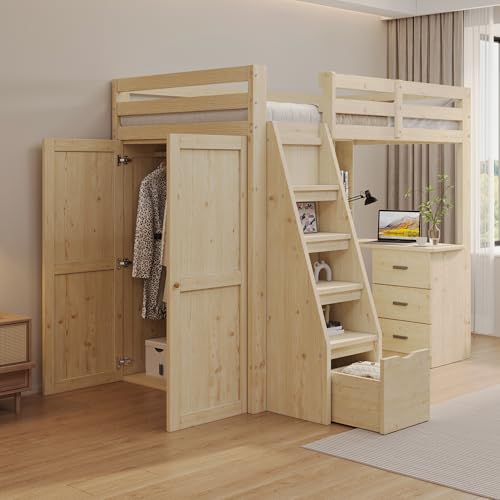 Zerakaya Litera infantil 90x200 con cajones y armario, cama cabaña para niños, cama entrepiso de 1 plaza infantil, cama infantil con barrera, litera con escritorio, cama entrepiso escalera (madera